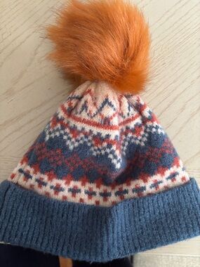 Mango Beanie with Orange Pom and Blue Fair Isle